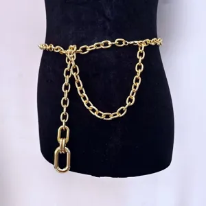 Gold metal chain belt detail, stylish waist accessory showcasing link texture and drop pendant.