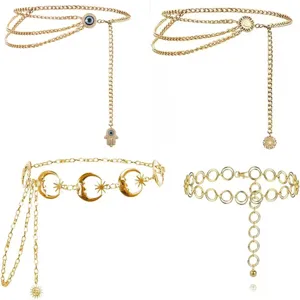 Detailed view of women's vintage gold multi-layer waist chains and body jewelry.