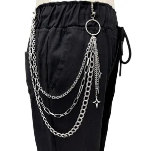 Meerlagige metalen tailleketting punk broekketting met sterhangers voor trendy streetwear.