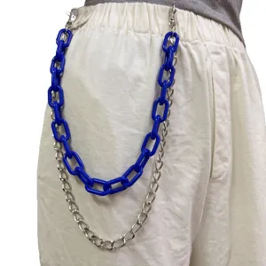 Detailed view of double layer waist chain featuring a bold blue plastic link and a sleek silver metal chain.