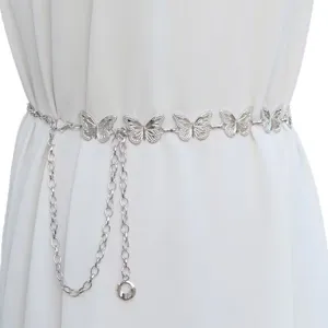 Silver butterfly metal waist chain detail view, elegant body chain accessory for women.