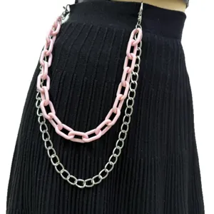 Chunky pink plastic and silver metal double layer waist chain fashion pants chain for women