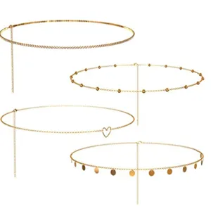 Detailed view of gold waist chains, multi-style body chain set for beach bikini jewelry.