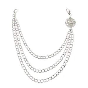 Silver multi-layer metal pants chain, punk style waist chain with circular pendant.