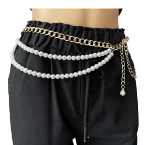 Pearl waist chain detail showing multi-strand pearls and gold metal links for women fashion.