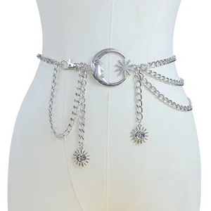 Mehrlagige silberne Metall-Taillenkette mit Mond- und Sonnenanhänger Körperkette.