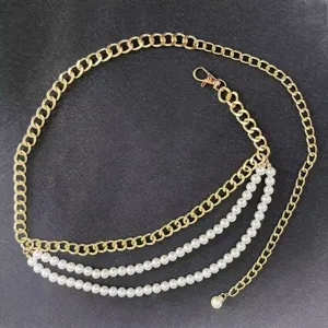 Gold metal chain and faux pearl layered waist chain for women, adjustable body jewelry.
