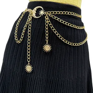Goldene mehrlagige Taillenkette mit Mond- und Sonnenanhänger, schickes Retro-Körperkettchen.