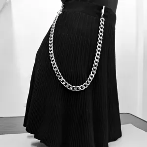 Punk style thick metal waist chain, exaggerated silver chain pants accessory for women.