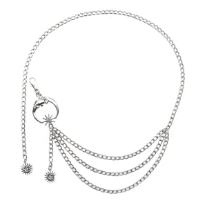 Silberne Metall-Taille Kette mit Mond- und Sternanhängern, mehrschichtige Körperkette.