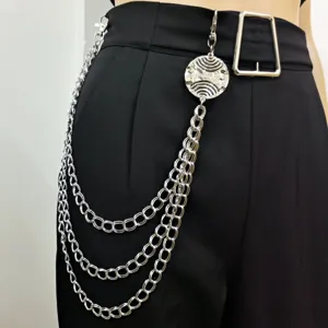 Detail view of punk style multi-layer metal waist chain for men and women pants accessory