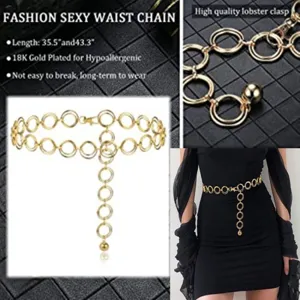 Fashion gold tone metal interlocking circular rings waist chain body jewelry for women.