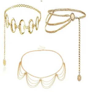 Gold metal waist chain set for women, multi-layer body chain, sexy moon star charm jewelry.