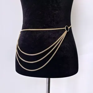 Details of the multi-layer gold metal chain belt with a vintage ring for women's waist styling.