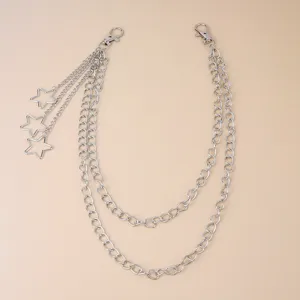 Close-up of punk style multi-layer silver metal pants chain with cute star pendants and clasps.