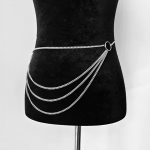 Multi-layer metal chain waist belt detail, vintage ring body chain for women fashion style.