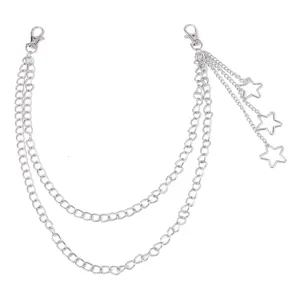 Detail view of the punk multi-layer metal pants chain featuring stylish star star pendants.