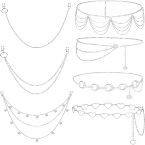 Vintage multi-layer metal waist chains punk style pants chains set for women detail view.