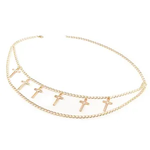 Goldfarbene, mehrlagige Kreuz Taillenkette Detail, modische Metall Körperkette für Damen.