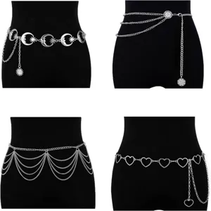 Vintage silver metal waist chain set, multi-layer body chain for women fashion apparel.
