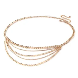 Gold multi-layer rhinestone waist chain, retro body chain accessory for women's fashion.