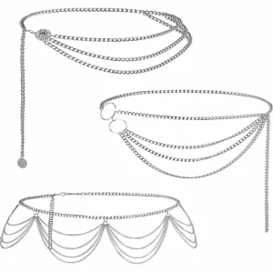 Silver metal waist chain set, punk multi-layer body chains, retro fashion women jewelry.