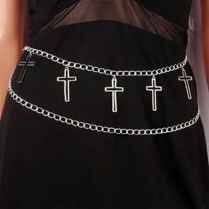 Silberfarbener Kreuz Ketten Gürtel für Damen Gothic Punk mehrlagige Körperkette Accessoire.