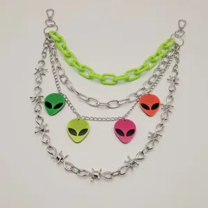 Punk style multi-layer pants chain with colorful alien pendants and barbed wire metal links.