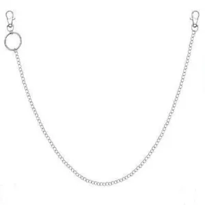 Close-up detail of silver metal pants chain, punk style pocket chain with double lobster.