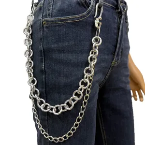 Punk stijl dubbellaagse metalen broekketting, zware zilveren portemonnee ketting detail voor outfit.