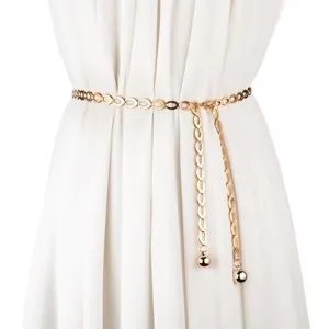 Gold metal waist chain for women, chic vintage design with hanging ball pendants for dresses.