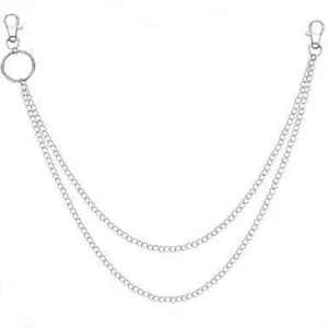 Close-up detail of double layer metal pants chain, punk style waist chain accessory.