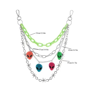 Punk multi-layer waist chain with colorful alien pendants and barbed wire metal links.
