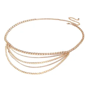 Gold multi-layer metal chain belt with sparkling rhinestones for women fashion wear.