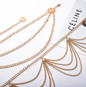 Detailed view of a multi-layer gold metal waist chain, showcasing exquisite chain links and pendants.