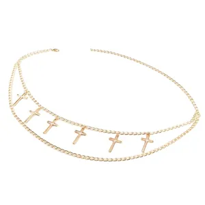 Goldfarbene mehrlagige Kreuz Taillenkette fuer Damen Vintage Metall Koerper Kette Schmuck
