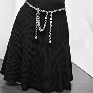 Silver metal waist chain detail, retro style punk chain belt for women, trendy accessory.