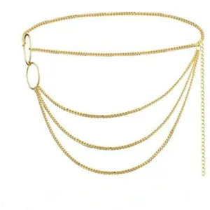 Details of the multi-layer gold metal waist chain, vintage body chain jewelry accessory.