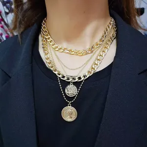 Multi-layer gold chain necklace for women, vintage coin pendant clavicle chain jewelry.