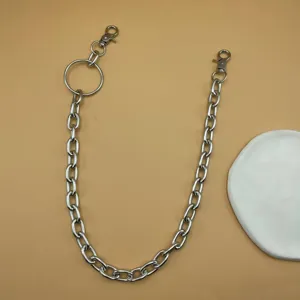 Chic punk style metal waist chain for women, chunky silver pants chain with ring detail.