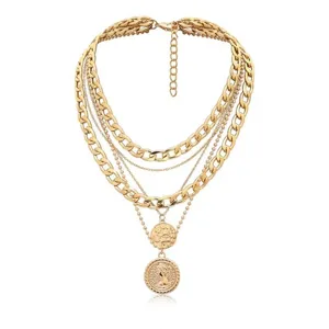 Multi-layer gold coin pendant choker necklace for women, vintage style metal chain jewelry.