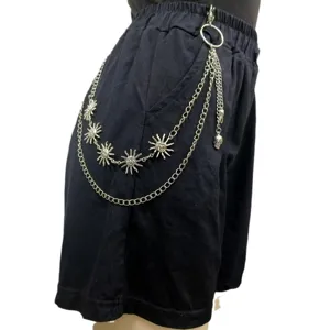 Punk metal pants chain with sun pendants and skull charm, ideal for hip-hop fashion.