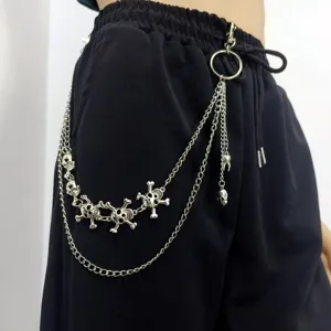 Punk style multi-layer metal pants chain with skull charms for hip hop streetwear outfits.