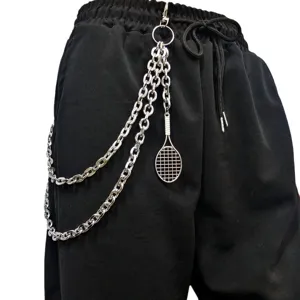 Punk metal pants chain with tennis racket pendant, streetwear hip hop trousers chain accessory.