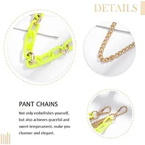 Detailed view of punk hip-hop colorful chain and metal pant chain, geometric rings.