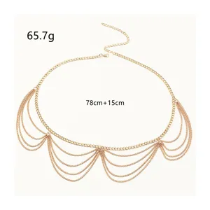 Gold multi-layer tassel waist chain, exquisite metal design, detail view showcase.