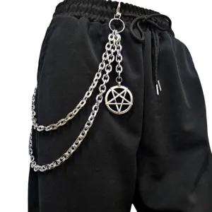 Punk style multi-layer metal waist chain with pentagram pendant on black pants, street hip-hop accessory.