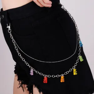 Fashion double layer metal pants chain with cute colorful acrylic gummy bear pendants for women.