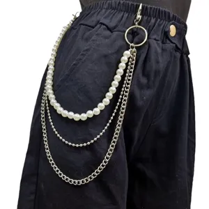 Punk multi-layer pearl and metal chain waist accessory, stylish pants chain for hot girls.