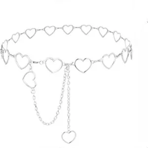 Silver metal heart chain belt for women, retro waist accessory with dangling pendant.